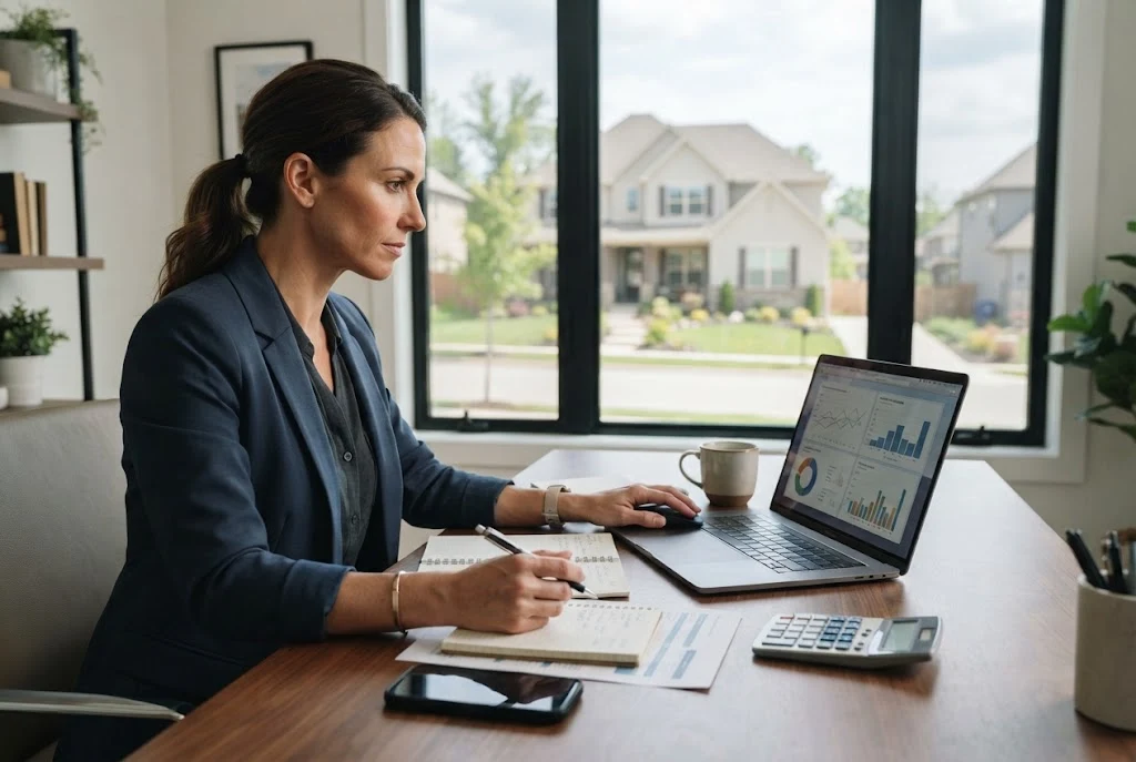 Real estate investor reviewing property opportunities on a laptop with a U.S. investment property in the background
