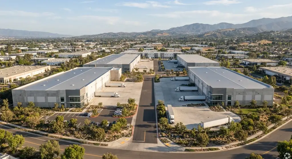 Modern industrial warehouse complex with truck courts and distribution facilities in Arcadia California