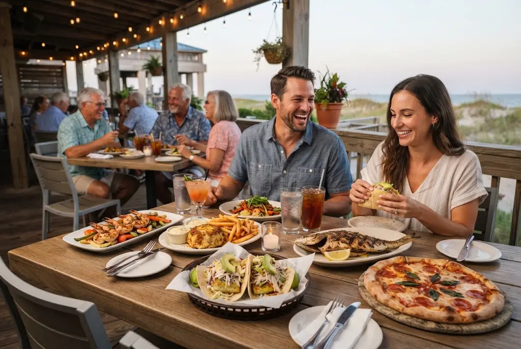 Seafood and pizza served during a coastal dinner at Baja Restaurant Sandbridge VA