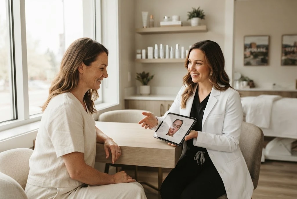 Aesthetic provider consulting with a client in a modern Spokane med spa