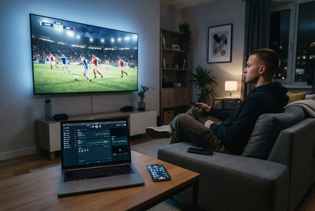 Live sports streaming setup showing a soccer match on a television