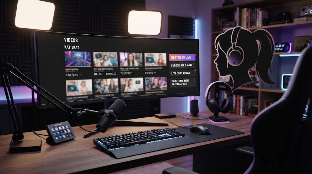 Digital creator workstation representing Kati3kat latest videos and trending content