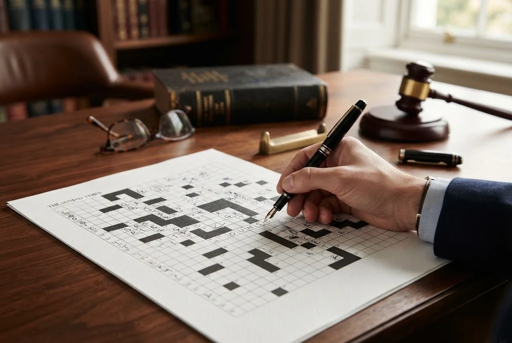 Legal matter crossword clue puzzle with crossword grid and legal-themed desk