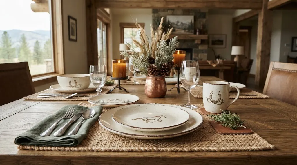 Montana Lifestyles dinnerware arranged on an elegant Western-inspired dining table