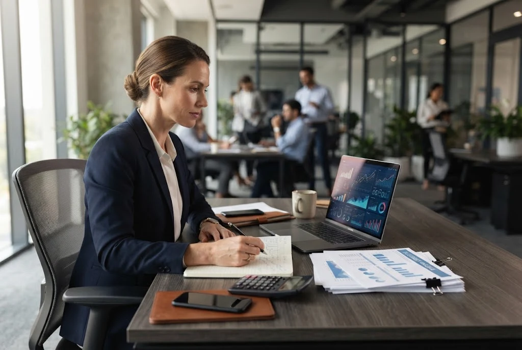 Investor reviewing financial documents and investment research on a laptop