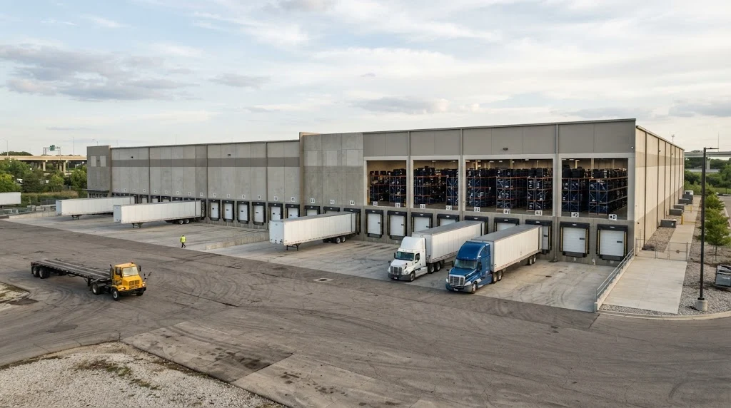 Industrial logistics warehouse with freight trailers representing the REV Logistics Hankook operation in Monee, Illinois