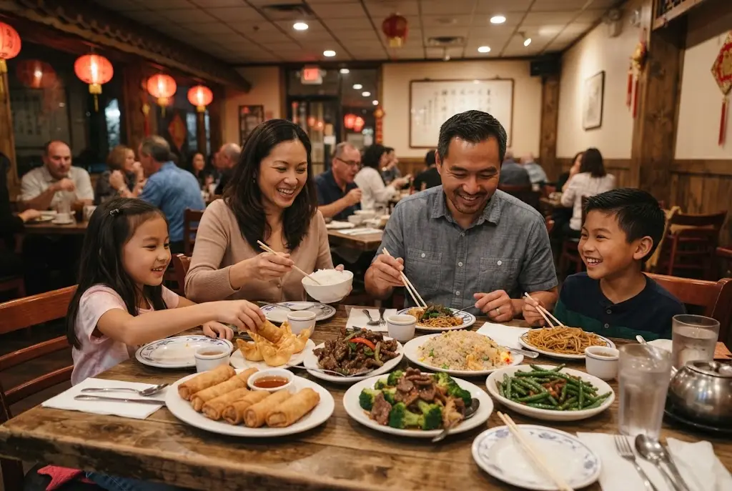 Chinese dishes served at a family-style table inside Rising Sun Restaurant Mokena