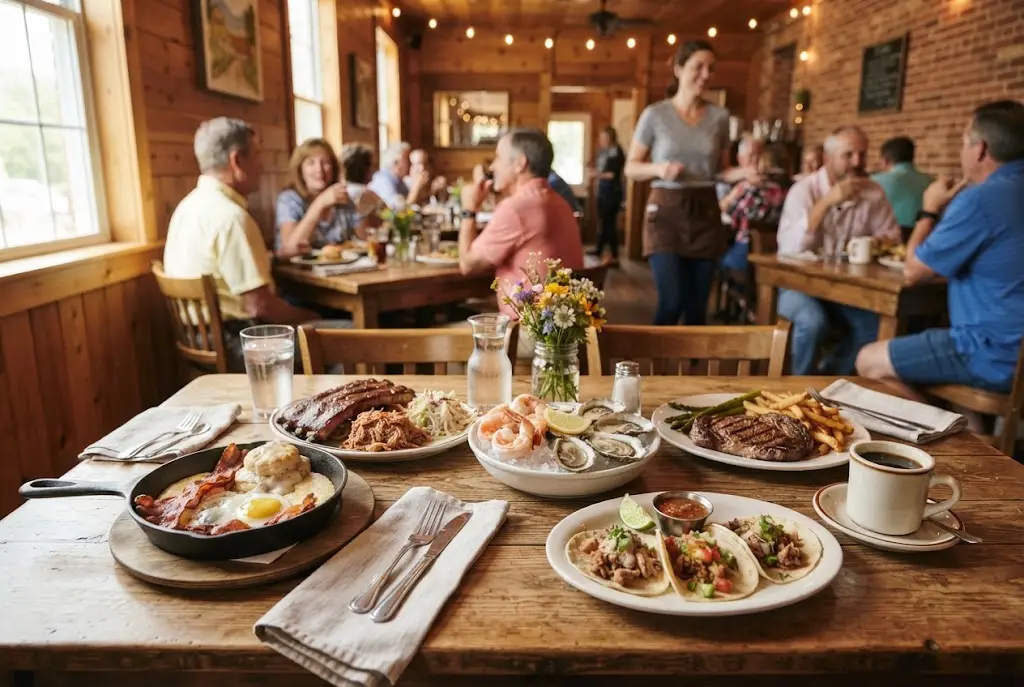 Variety of Southern, seafood, barbecue, and Mexican dishes representing restaurants in Gainesboro TN