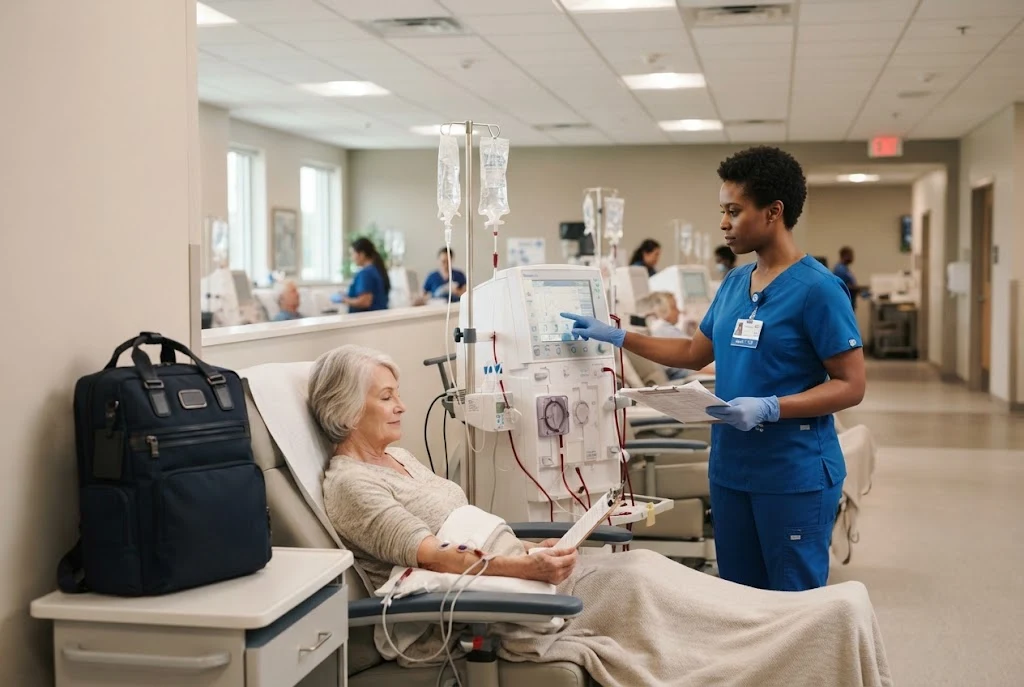 Certified clinical hemodialysis technician working beside dialysis equipment in a modern clinic