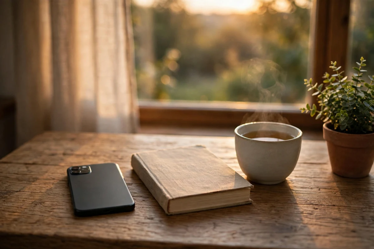 Digital detox break from screens — a phone face down beside a book, a cup of tea and a plant