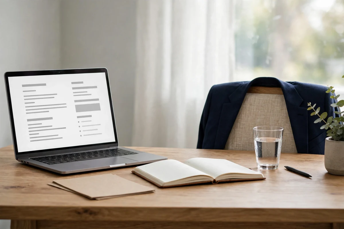 How to prepare for a job interview — a laptop with a resume, a notebook, a blazer and a glass of water